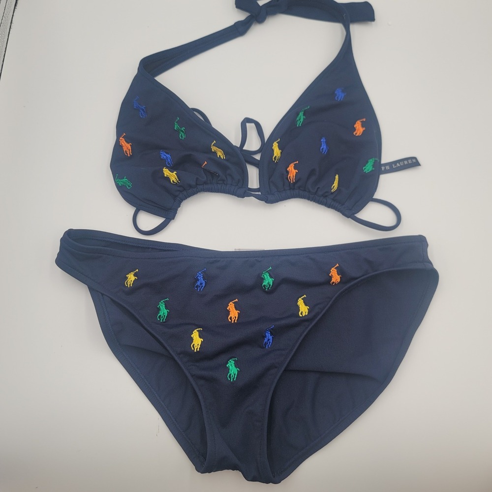 Ralph Lauren Navy Blue Multi Color Embroidered Pony Triangle Bikini Set Size M